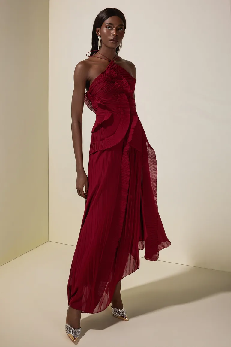 Pleated Frill Halter Neck Midi Dress - 6