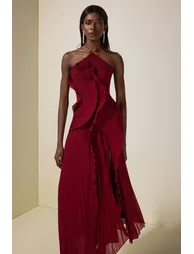 Pleated Frill Halter Neck Midi Dress - 2