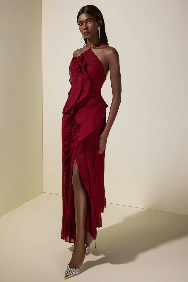 Pleated Frill Halter Neck Midi Dress - 5