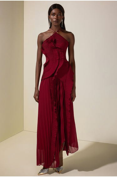 Pleated Frill Halter Neck Midi Dress