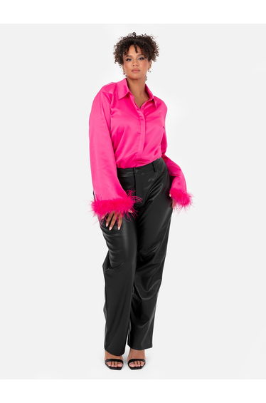 Lovedrobe Fuchsia Satin Shirt with Feather Cuffs