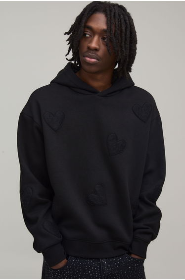 Oversized Boxy Heart Applique Hoodie - black