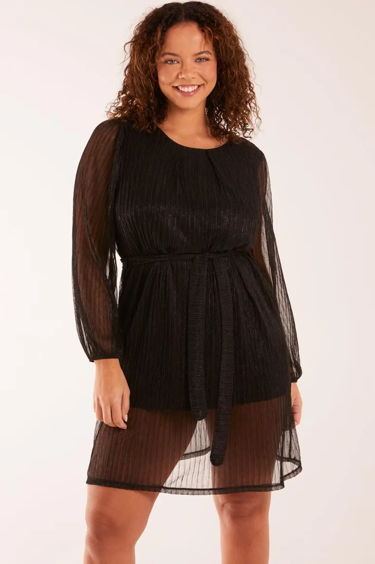 Metallic Plisse Belted Dress
