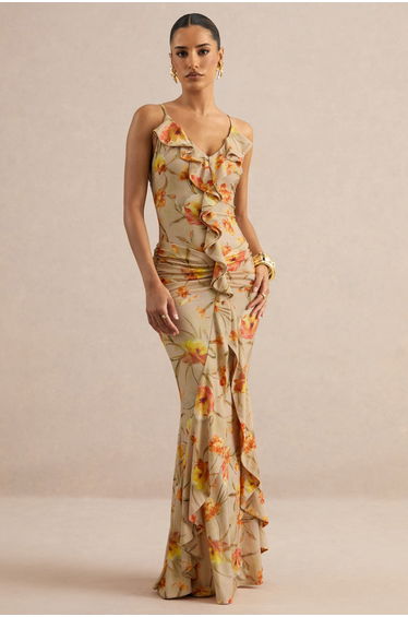 Amali | Orange Floral V-Neck Maxi Dress With Ruffled Detailing