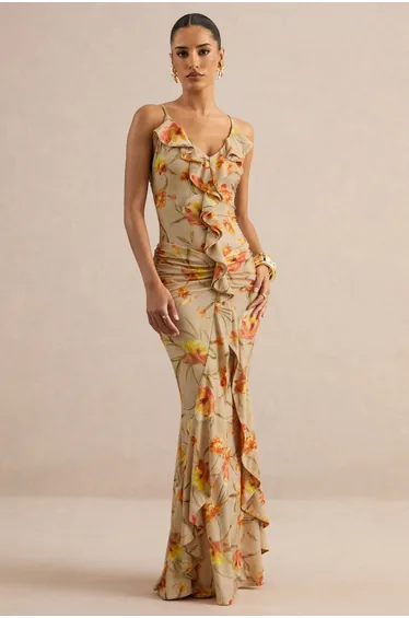 Amali | Orange Floral V-Neck Maxi Dress With Ruffled Detailing