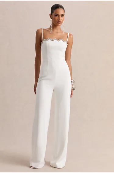 Calira | White Scalloped Square-Neck Jumpsuit