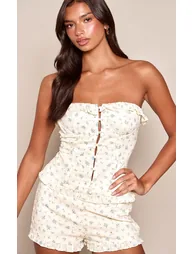Pale Yellow Ditsy Floral Bandeau Button Detail Top Co-ord - 3