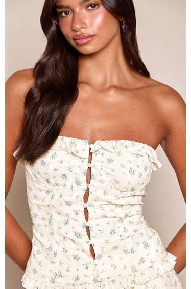 Pale Yellow Ditsy Floral Bandeau Button Detail Top Co-ord