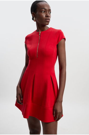 Scuba Zip Detail Pleated Short Sleeve Mini Dress