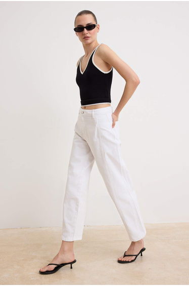 White Pleated Pocket Detailed 100% Cotton Baggy High Waist Jeans