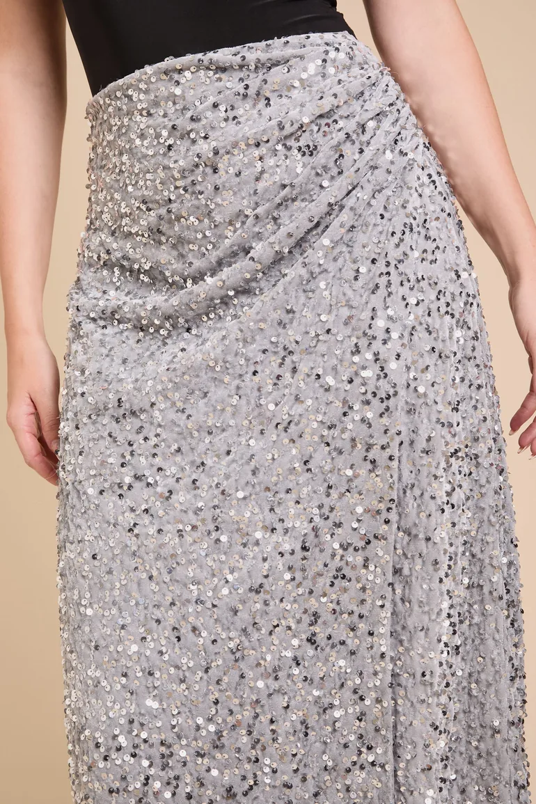 Velvet Sequin Ruched Side Midi Skirt - 3
