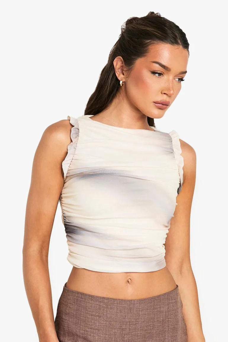 Mesh Marble Print Ruched Frill Shoulder Crop Top - sand - 3