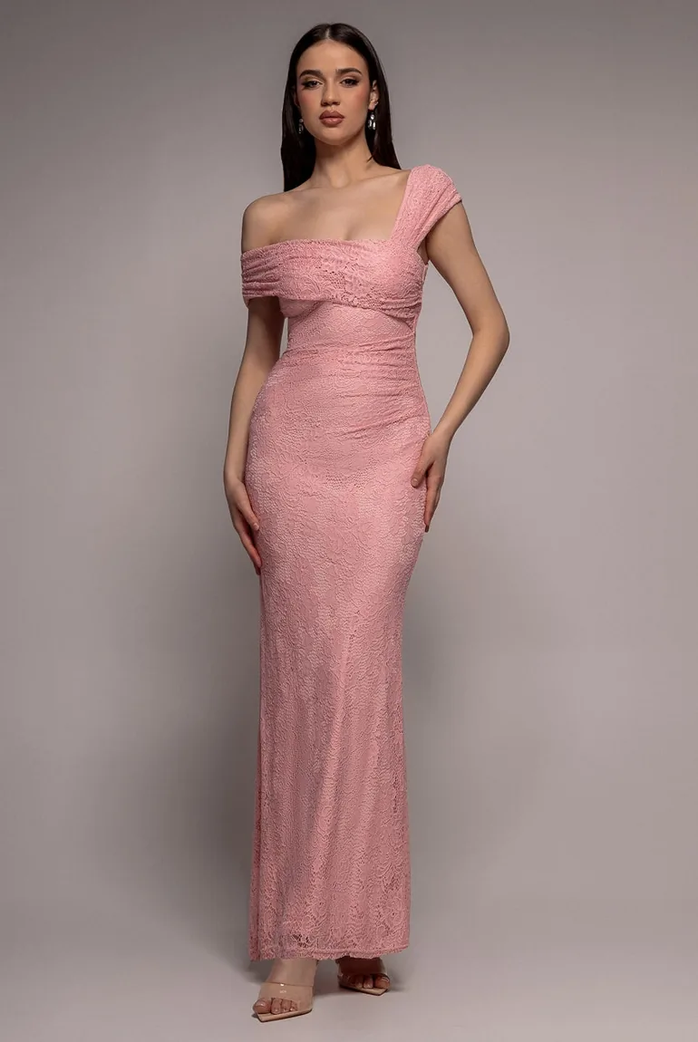 One Shoulder Pleated Bardot Lace Maxi Dress - Blush Pink by Goddiva Goddiva  Pink : Premium Dresses : VogaCloset Qatar