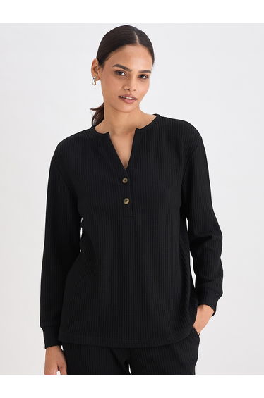 Women Black Long Sleeve Waffle Knit Top