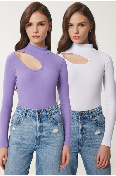 Women Lilac White 2-Pack Cut Out Detail Ribbed Knitted Blouse