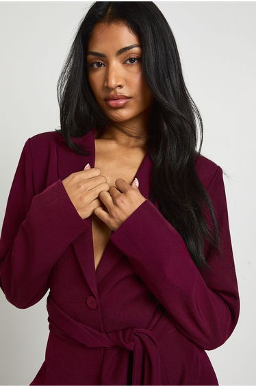 TAILORED TIE WAIST BLAZER DRESS - wine product thumbnail 4