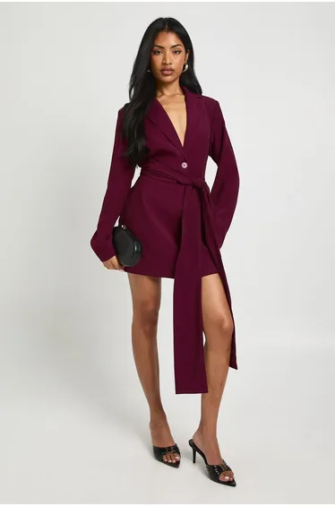 TAILORED TIE WAIST BLAZER DRESS - wine