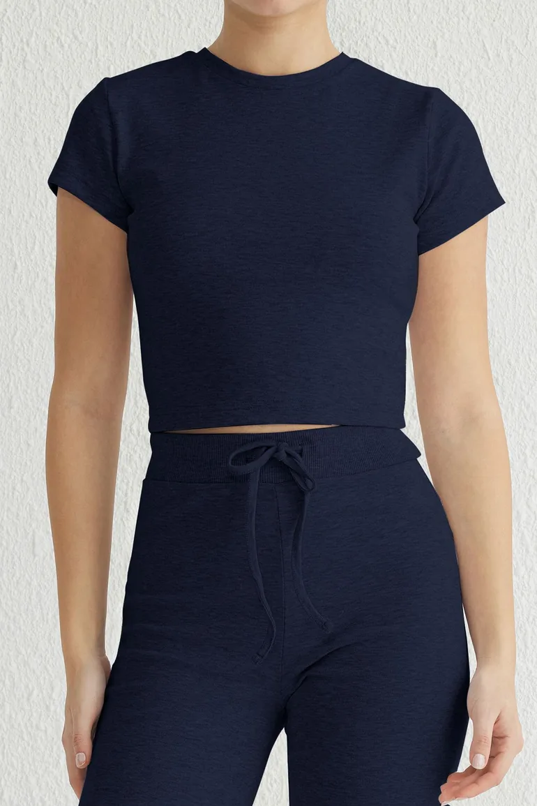 Navy Blue Fitted/Fits Body Ribbed Flexible Knitted Bottom-Top Set - 4