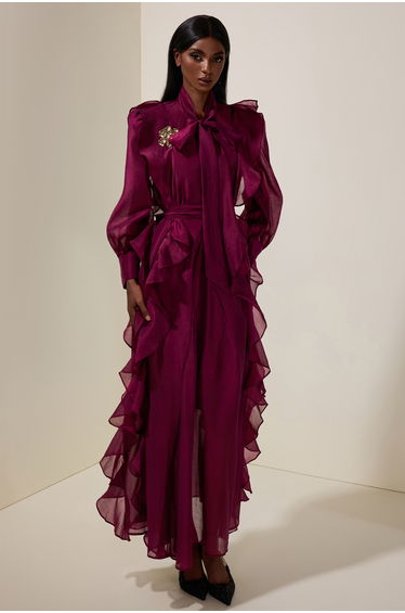 Chiffon Ruffle Metal Decorations Maxi Dress With Belt