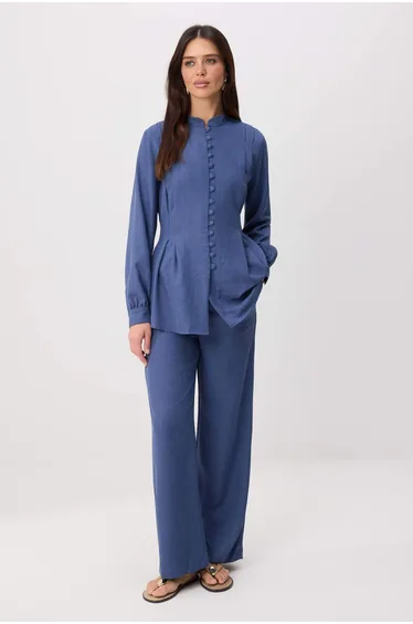 Indigo Regular Linen Look Plain Woven Under&Over Hijab Set - Top and Bottom Set