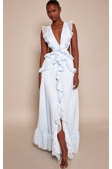Blue Plunge Frill Maxi Dress