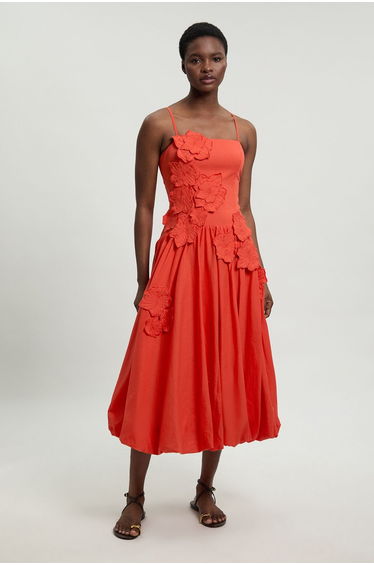 Petite Cotton Linen 3D Floral Bubble Hem Midi Dress