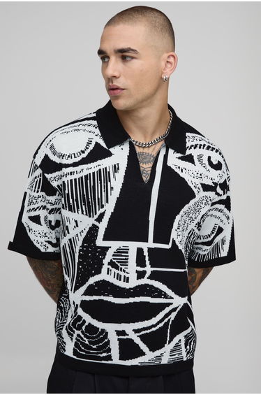 Oversized Boxy Jacquard Abstract Face Knitted Polo - black