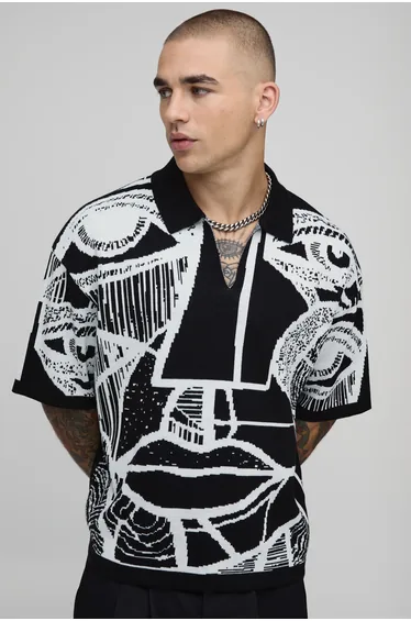 Oversized Boxy Jacquard Abstract Face Knitted Polo - black