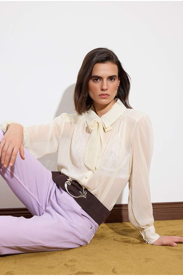 Cream Shoulder Pad and Scarf Detailed Transparent Stylish Woven Shirt
