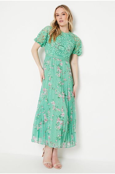 Occasion Floral Lace Bodice Pleated Midi Dress