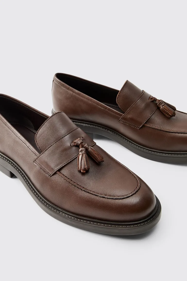 Real Leather Tassel Loafer Shoes - brown - 2