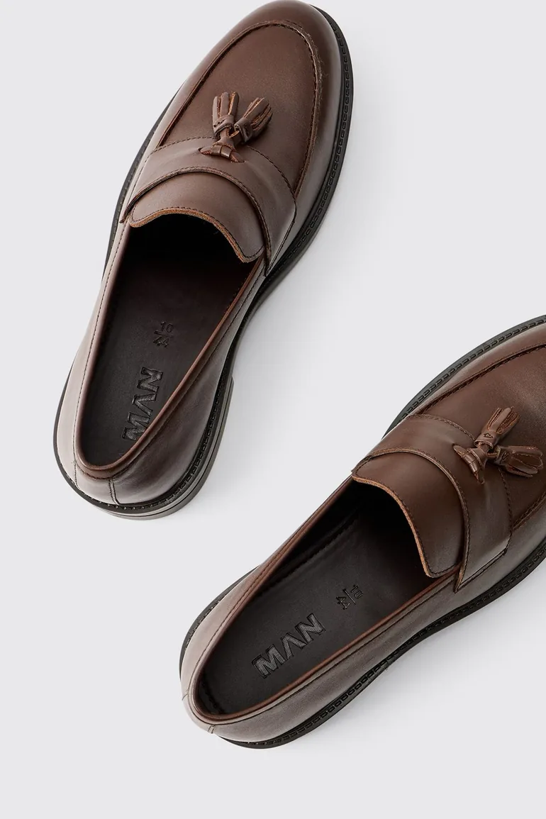 Real Leather Tassel Loafer Shoes - brown - 3