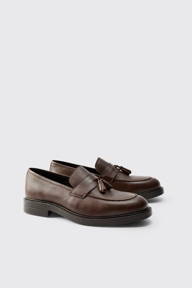 Real Leather Tassel Loafer Shoes - brown