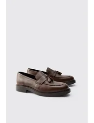 Real Leather Tassel Loafer Shoes - brown