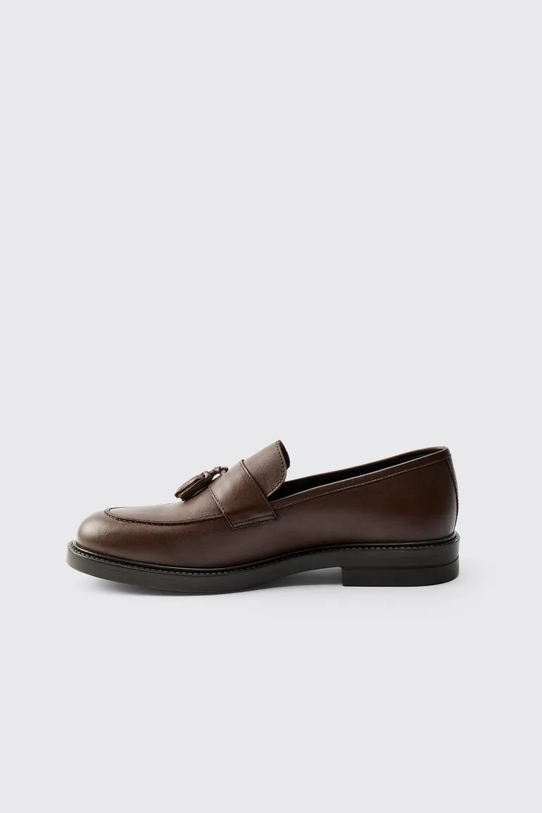 Real Leather Tassel Loafer Shoes - brown - 1