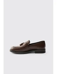 Real Leather Tassel Loafer Shoes - brown - 1