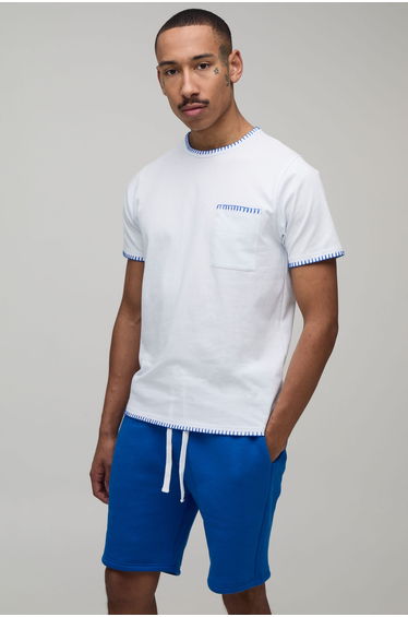 Contrast Blanket Stitch Slim Fit T-Shirt & Regular Fit Short Set - blue