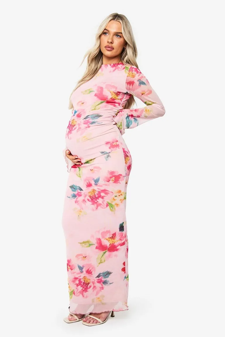 Maternity floral mesh lettuce hem maxi dress - 2