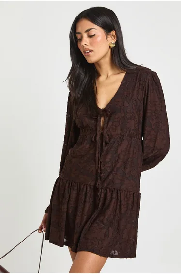 Burnout Floral Tie Front Smock Dress - chocolate
