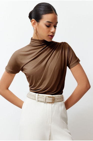 Brown Drape Detail Fitted Short Sleeve Stand Collar Flexible Knitted