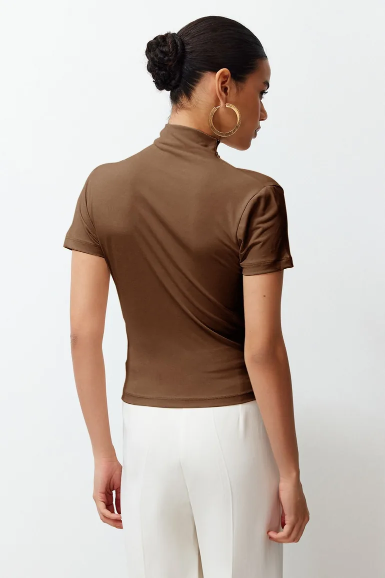 Brown Drape Detail Fitted Short Sleeve Stand Collar Flexible Knitted - 5