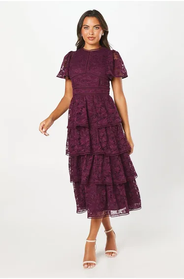 Tiered Lace Dress With Flutter Sleeve & Trims