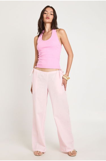 Linen Look Tie Side Low Rise Trousers - pink