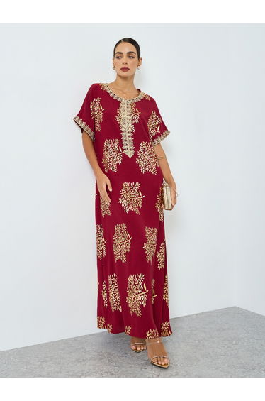 Women Tree Printed Golden Trim Patch Jalabiya