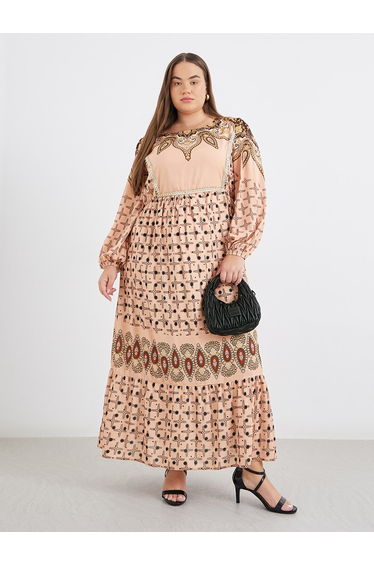 Print Long Sleeves A-Line Maxi Dress
