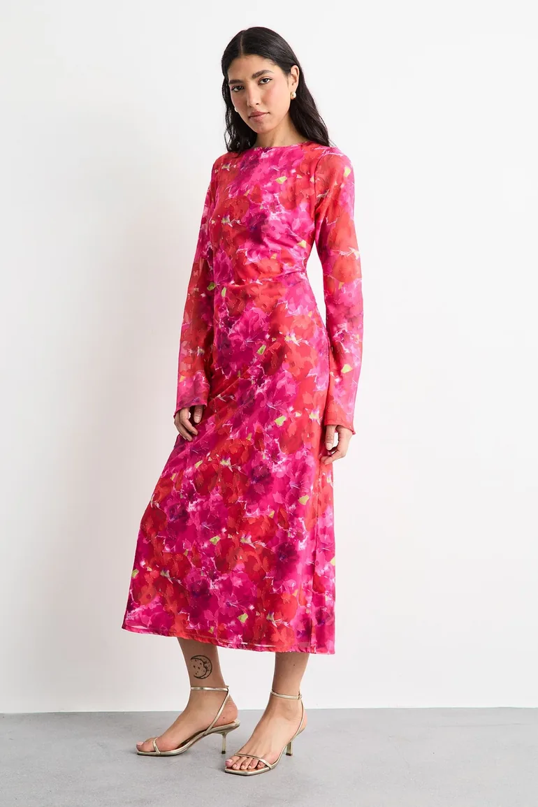 Burnout Floral Chiffon Slash Neck Bias Midi Dress - 3