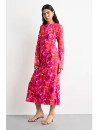 Burnout Floral Chiffon Slash Neck Bias Midi Dress - 3