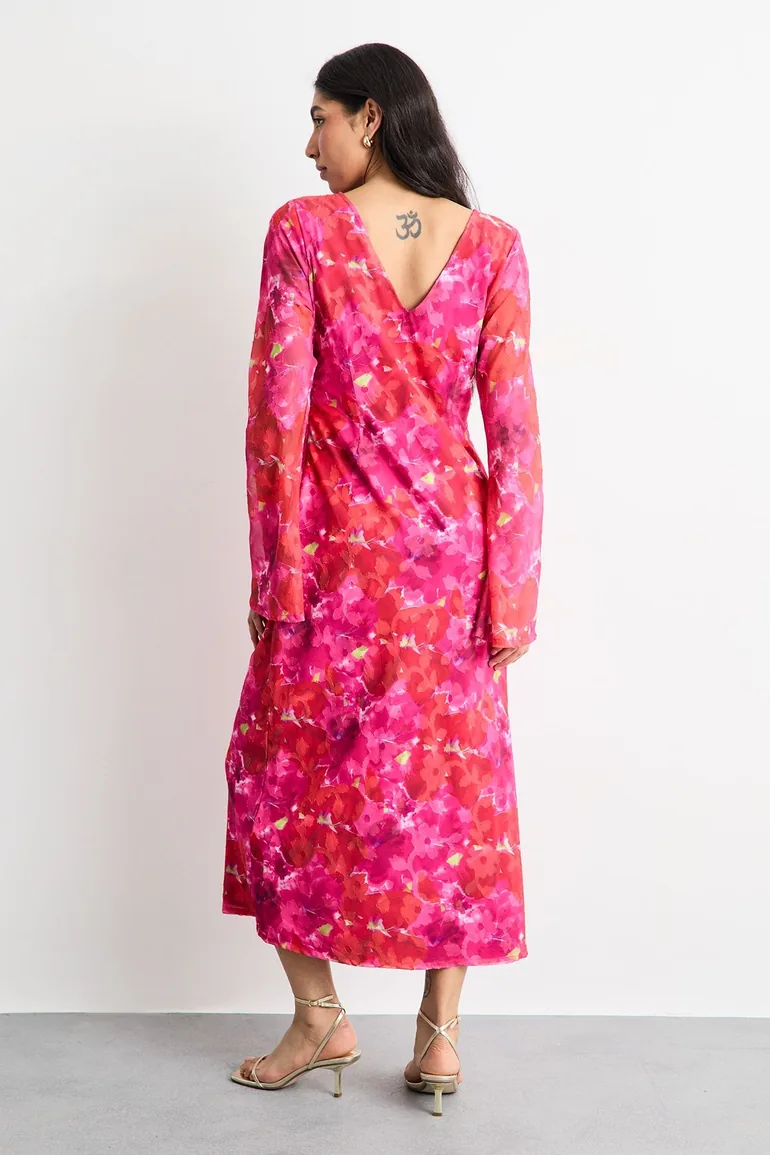 Burnout Floral Chiffon Slash Neck Bias Midi Dress - 2