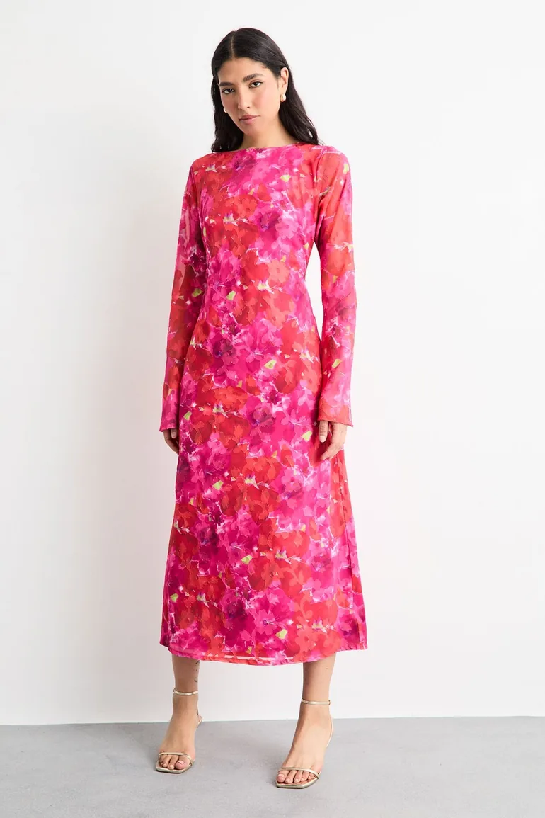 Burnout Floral Chiffon Slash Neck Bias Midi Dress