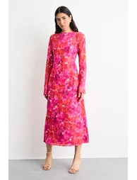 Burnout Floral Chiffon Slash Neck Bias Midi Dress